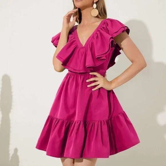 Pink two Layered Trim Ruffle Hem Dress chic fun summer - Picture 1 of 5